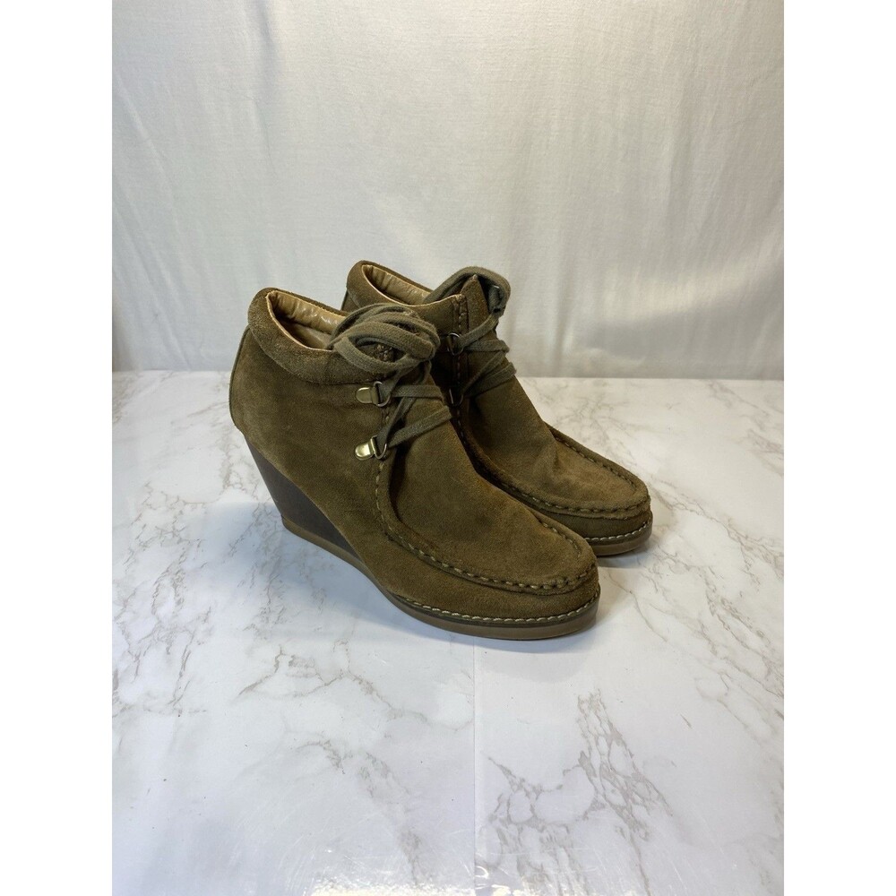 Very Volatile Moby Brown Green Suede Stacked Wedge Boot Women's Size 6 Lace Up - Picture 3 of 10